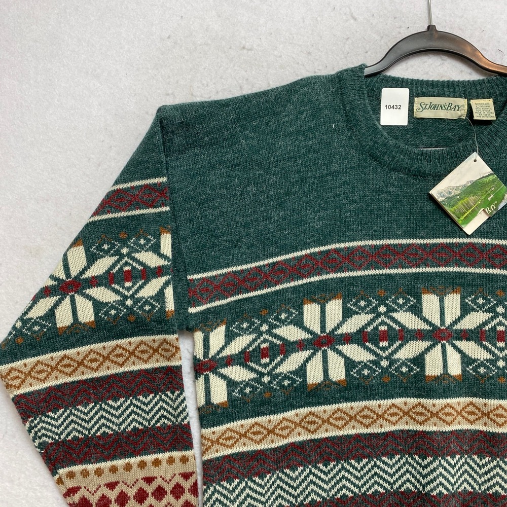 St Johns Bay Sweater Mens Large Green Fair Isle Snowflake Knit Vintage NWT - Picture 5 of 8